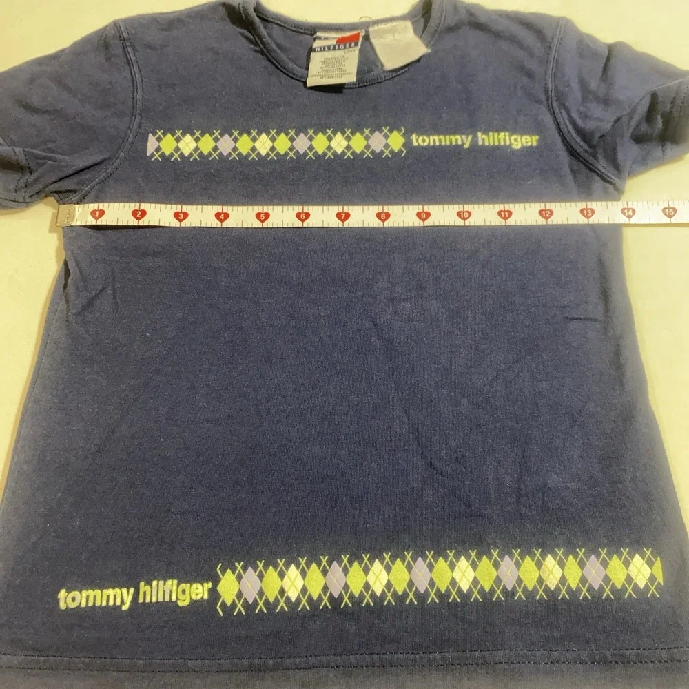 Vintage Tommy Hilfiger Navy Blue Argyle Logo Tee Made in USA Child‎ Boy Size S/P